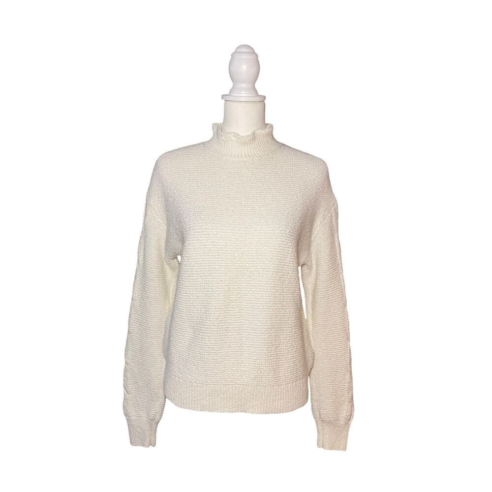 J.Crew White Chunky Texture Mock Neck Pullover Sweater Cable Knit Sleeves M